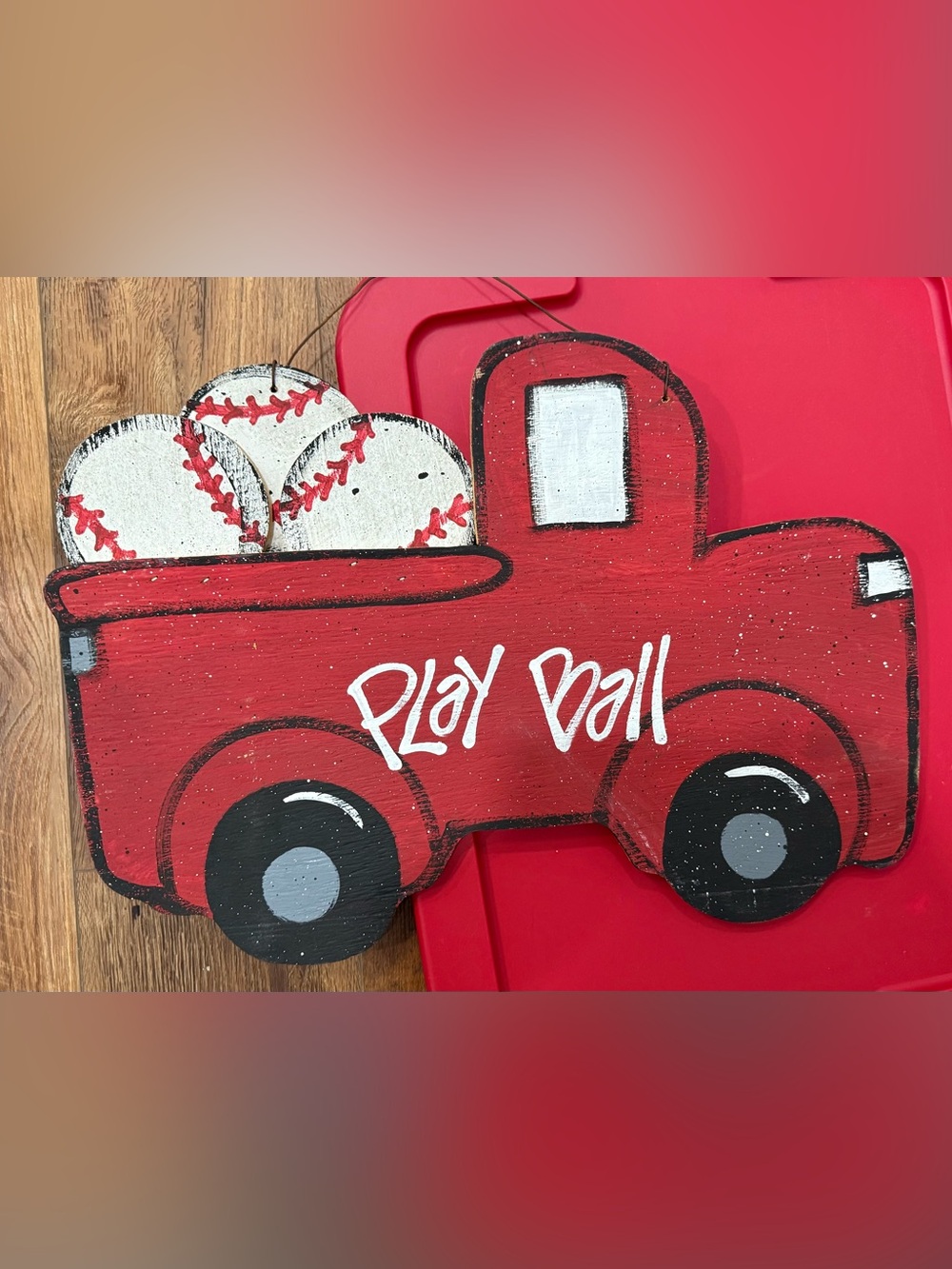 Red 'Play Ball' Wooden Door Hangers